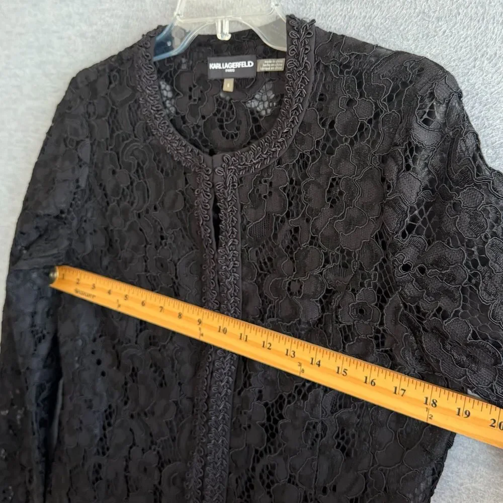 Karl Lagerfeld Black Lace Long Jacket Size 6 Elegant Tunic Dressy Topper Classic